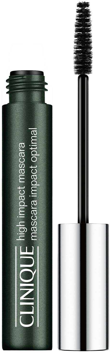 Een groene mascara-tube met borstel en zilveren dop, gemerkt Clinique high impact mascara.