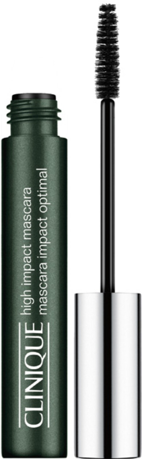 En grön tub av Clinique high impact mascara med borsten utväxlad, visar borsten.