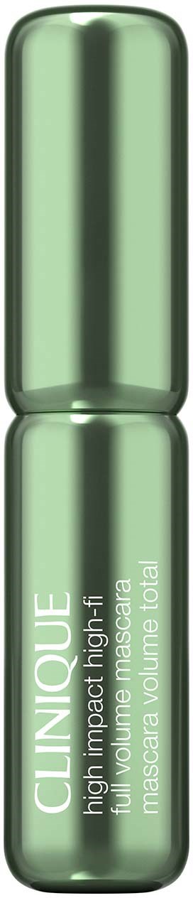 Een groene mascara-buis met witte tekst, staand rechtop op een zwarte achtergrond.