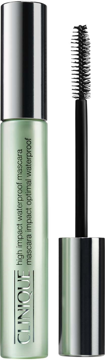 A tube of green mascara with a black wand and a silver cap. The mascara is waterproof.