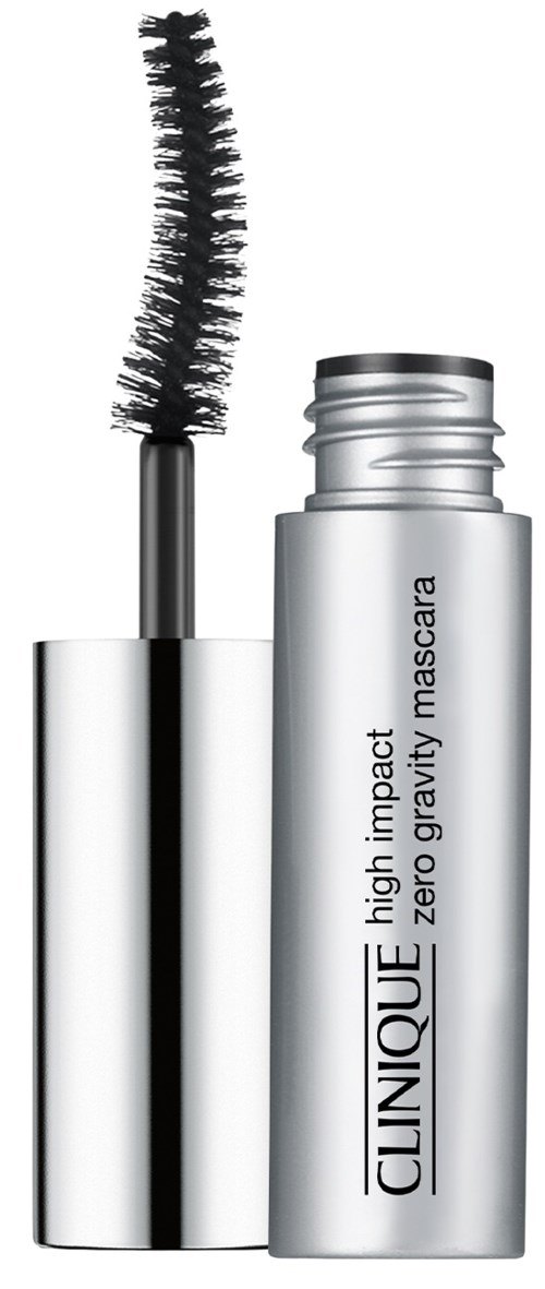 En silverrör med svart mascara-borste som visar, märkt "Clinique high impact zero gravity mascara."