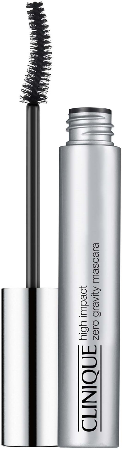 Clinique high impact zero gravity mascara container met borsteltje die eruit steekt.