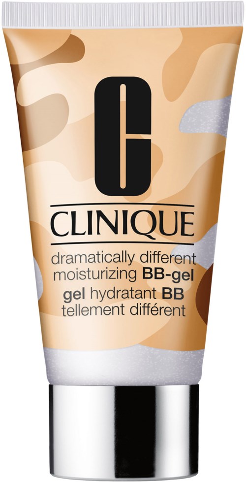 Een tube Clinique BB-gel met beige, wit en zilver, met een zwart logo en tekst.