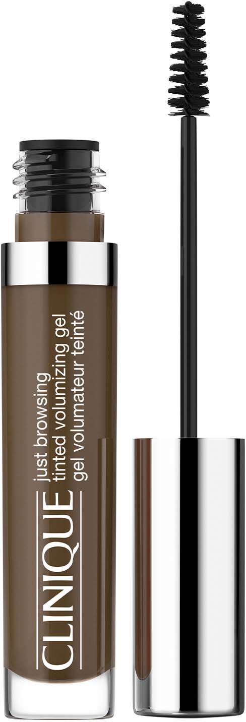 Clinique wenkbrauwgel met een applicator in een bruine tube. Tekst toont productnaam en details.
