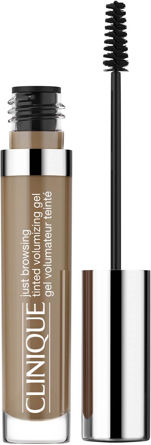 Wenkbrauwgel in tube met kwast, gemerkt Clinique, in beige kleur, met zwarte dop en zilveren details.