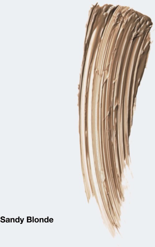 Een beige haarkleurstaal met de tekst "Sandy Blonde" en een soepele, gebogen penseelstreek.