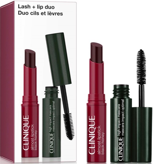 Clinique Lash and Lip Duo med en rød leppestift og en svart mascara i grønn rør.