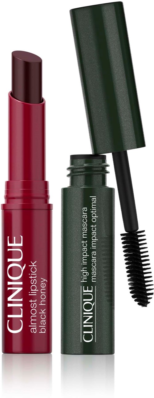 Clinique høyinntrykk mascara i svart med grønt etikett og børste.