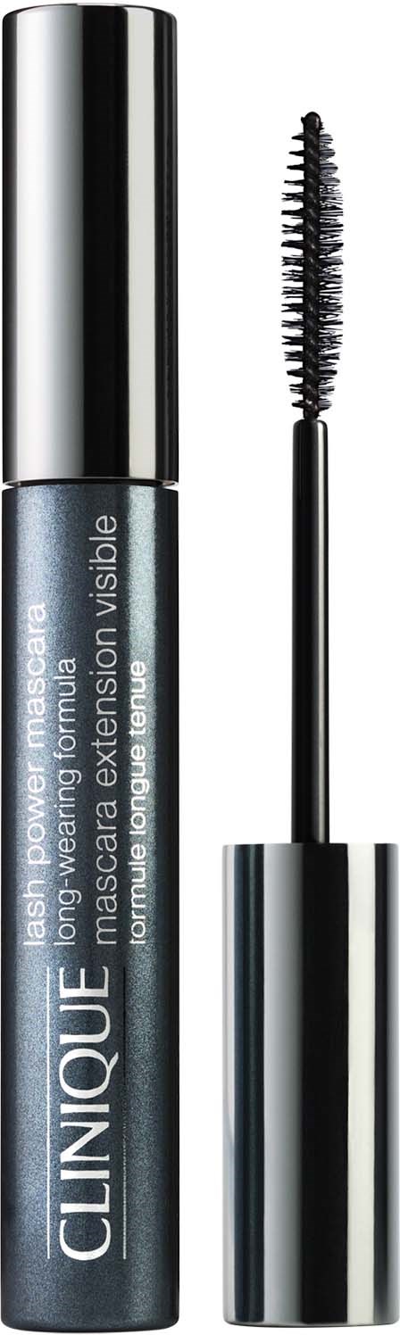 Een mascara-buis met een kwast, gelabeld Clinique, toont lange duur en zichtbare wimperverlenging.