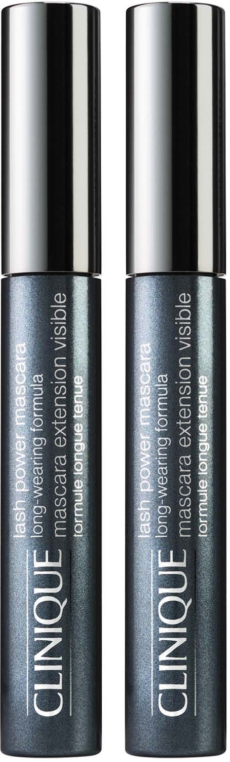Twee buisjes Clinique mascara met glanzende zilveren doppen en donkerblauwe handvatten.