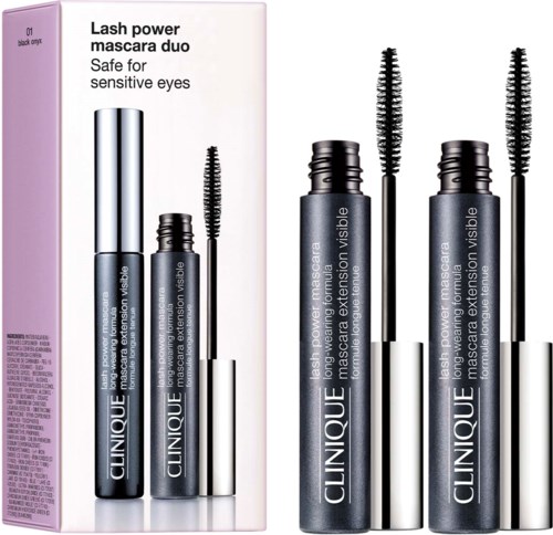 Twee zwarte mascara-flessen met borstels, verpakking zegt dat ze veilig zijn voor gevoelige ogen.