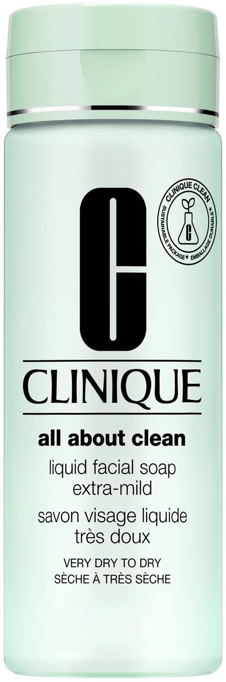 En lys grønn flaske med Clinique ansiktsvask med svart tekst, merket 'all about clean' og 'extra-mild'.