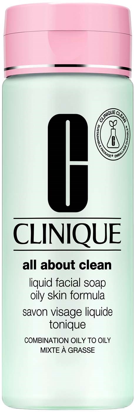 Een groene fles met een roze dop, gemarkeerd Clinique all about clean gezichtss zeep voor een vette huid.