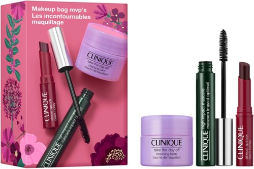 Clinique make-up set met lipgloss, mascara, lippenbalsem en een roze cadeaudoos met bloemen.