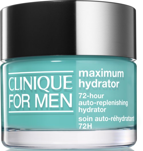 Een teal potje Clinique for Men hydraterende moisturizer met zwarte deksel, gelabeld voor 72 uur hydratatie.