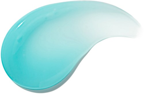 Een druppelvormig, blauwgroen glazen voorwerp met een glad oppervlak en afgeronde randen.