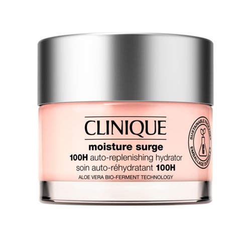 Ett rosa burk med silverlock, märkt Clinique Moisture Surge, innehåller en fuktgivande hudkräm med aloe vera.
