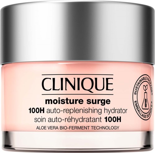 En burk med Clinique Moisture Surge fuktighetskräm med en silverlock. Den innehåller aloe vera och bio-fermenteringsteknologi.