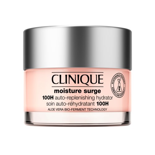 Een roze potje van Clinique Moisture Surge 100H hydraterende crème met een zilveren deksel en zwarte tekst.