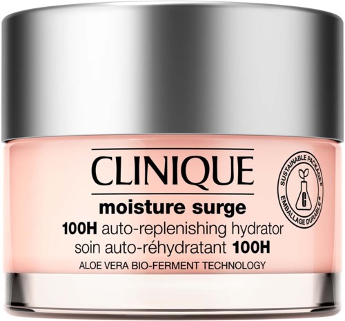 Een roze potje van Clinique moisture surge 100H gezichtsverzorgingscrème met zilveren deksel en logo.