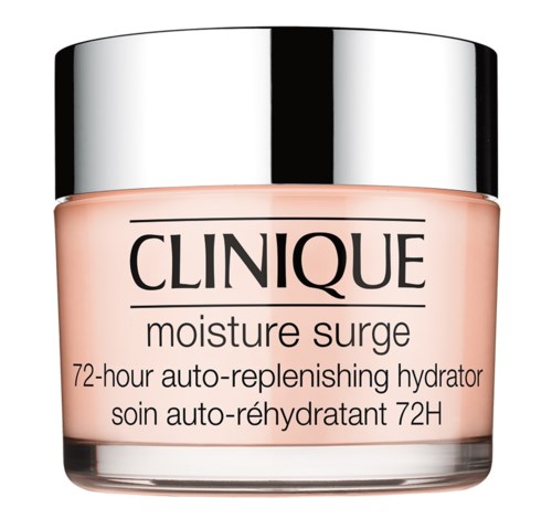 Pieni pinkki purkki merkitty Clinique moisture surge ja hopeisella kannella, korostaa 72 tunnin kosteutta.