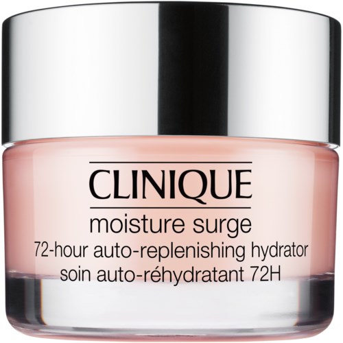 A jar of Clinique moisture surge face moisturizer, pink gel in a clear glass container with a shiny silver lid.