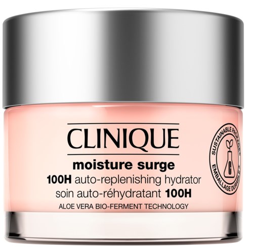 A pink jar with a silver lid, labeled Clinique moisture surge 100H auto-replenishing hydratant.