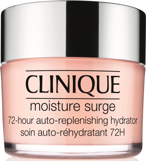 En rosa burk med Clinique moisture surge 72-timmars autodigivande återfuktare med svart och silverlock.