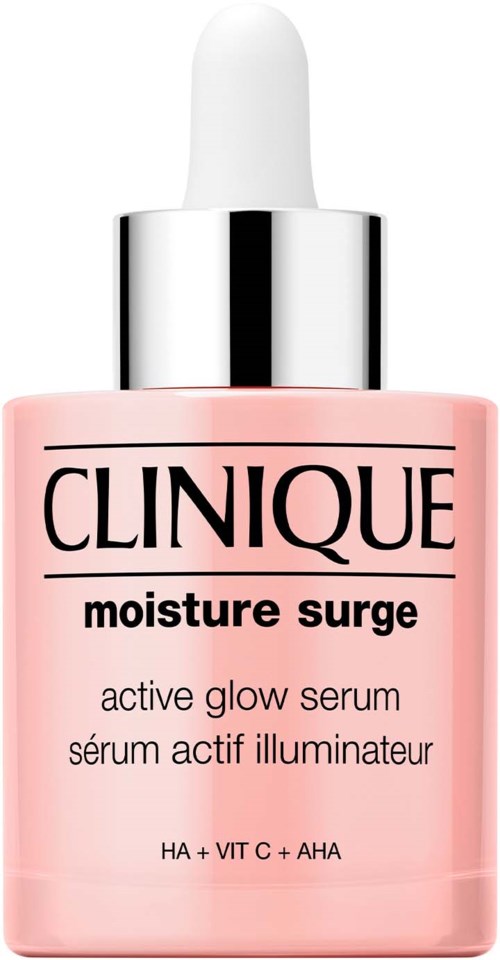 Roze fles met pipet, met label Clinique Moisture Surge actieve glansserum.