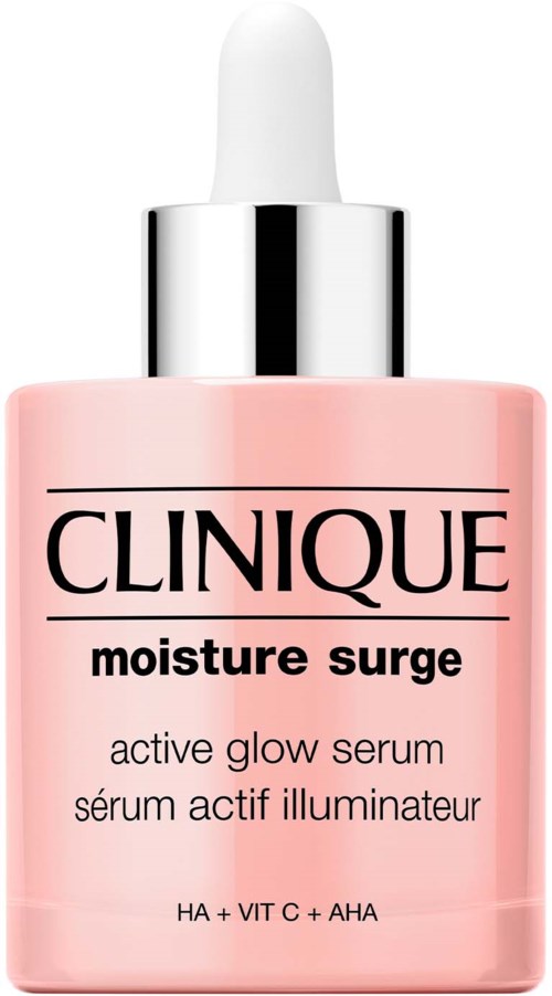 Een roze flesje van Clinique Moisture Surge serum met een witte pipetdop.