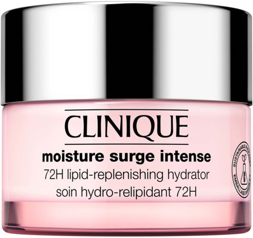 A pink jar of Clinique moisture surge intense cream with a black and silver lid.