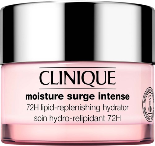 Een roze pot Clinique moisturizer met zilveren deksel, gemarkeerd 'moisture surge intense,' voor 72 uur hydratatie.