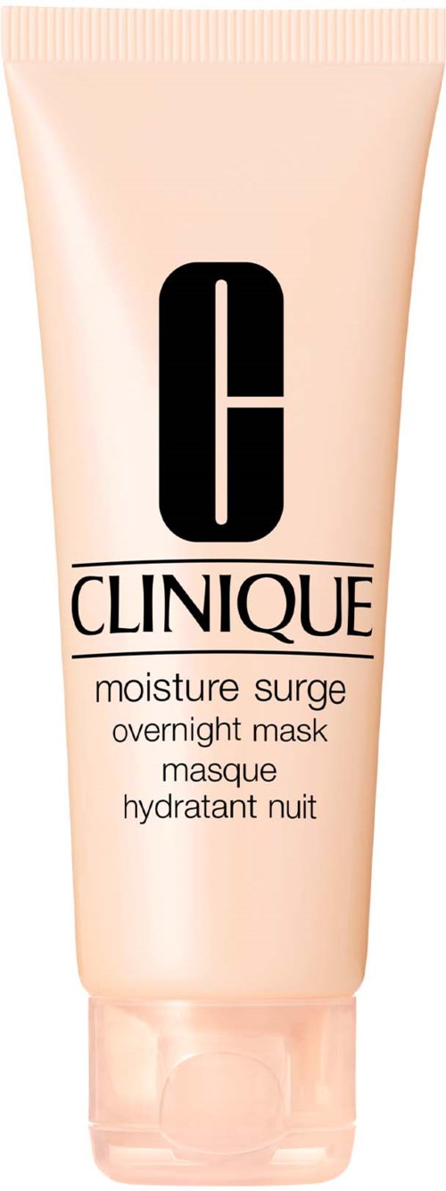 Een roze tube met de tekst 'Clinique Moisture Surge Overnight Mask' in zwart en wit.