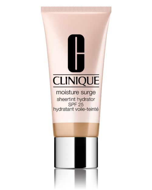 Een tube Clinique moisture surge sheertint hydratant SPF 25 met zilveren dop.