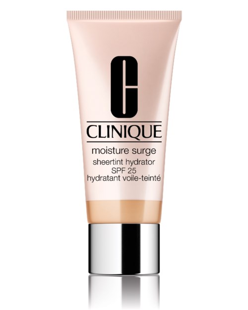 Een roze tube met Clinique vochtinbrengende crème, zilveren dop, SPF 25 en zwarte tekst.