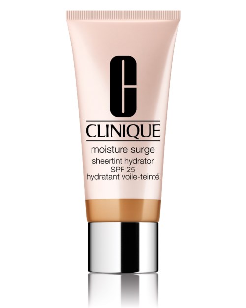 Clinique vochtinbrengende crème in een roze tube met zilveren dop, gemerkt 'moisture surge' en SPF 25.