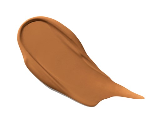 Een streek van bruine make-up of verf op een witte ondergrond, met een staartachtige punt.