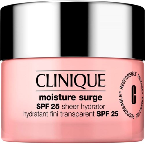 En rosa krukke med svart lokk, merket 'Clinique Moisture Surge SPF 25 Sheer Hydrator' for hudfuktighet.