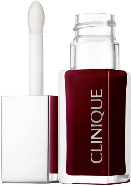 Een Clinique lipgloss- of vloeibare lippenstiftflacon met een witte applicator.