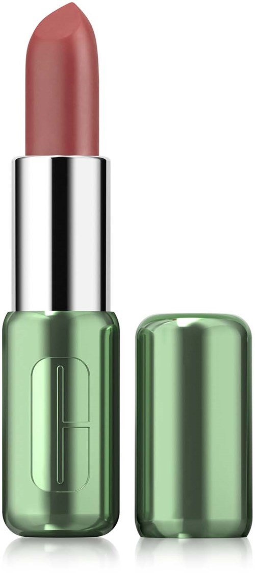Een roze lippenstift in een groen en zilverkleurig etui met de dop verwijderd.