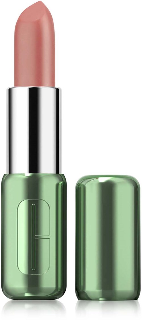 A lipstick with a light pink color, in a green tube, and the cap is off.