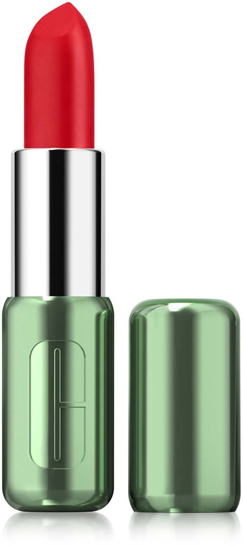 Een groene lippenstift met een zilveren band, de dop is eraf, toont een rood lippenstift.