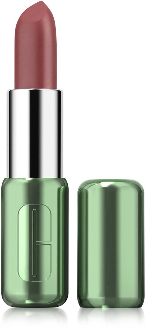 Een lippenstift in een groene behuizing, zonder dop, toont roze make-up. De dop ligt ernaast.