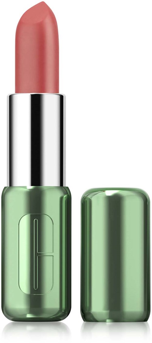 Een lippenstift met een perzikkleurige punt in een groene houder, zonder dop ernaast.