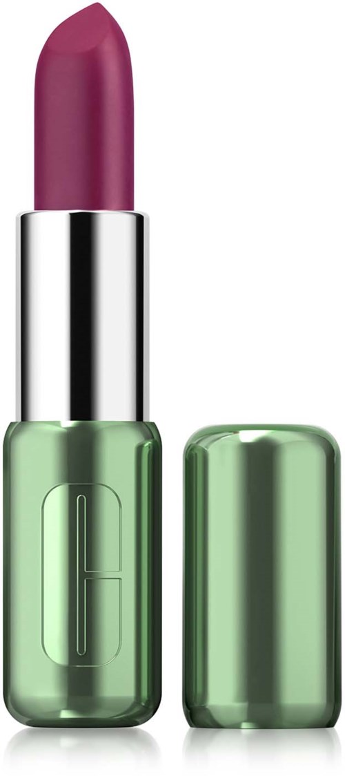 Een roze lippenstift in een groen doosje met deksels afgehaald, met lippenstift erin.
