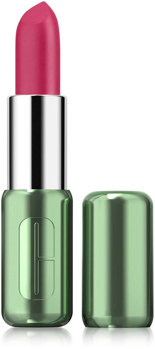 A pink lipstick in a green and silver case with the cap removed.
