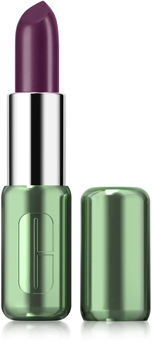 Een lipstick met een paarse kleur in een groen geval, de case is open en laat de lipstick zien.