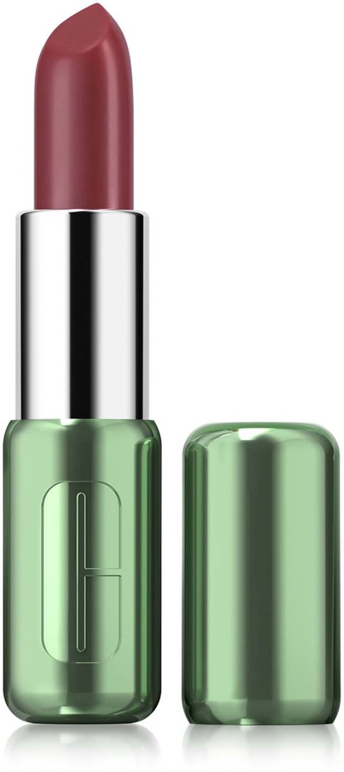 A lipstick with a pink shade in a green container, with the cap removed showing the lipstick.