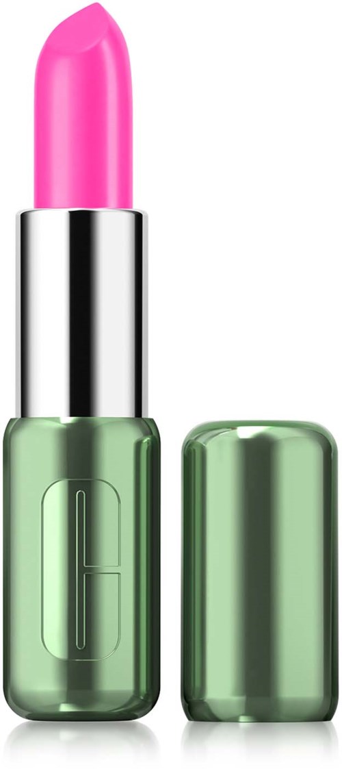 Een lippenstift in een groen omhulsel met roze kleur, zonder dop.