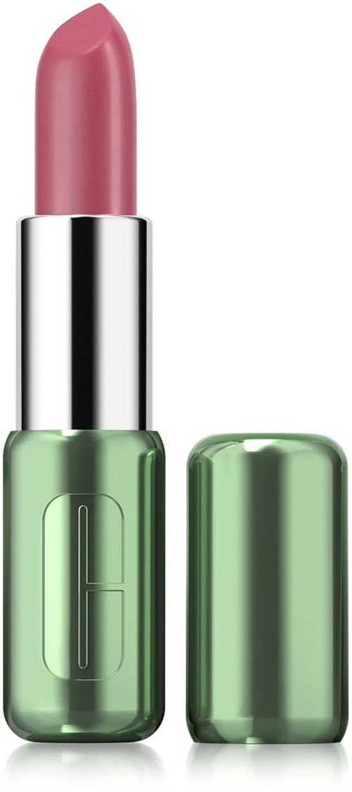 Een roze lippenstift in een groen-zilveren doos met het dekseltje eraf.